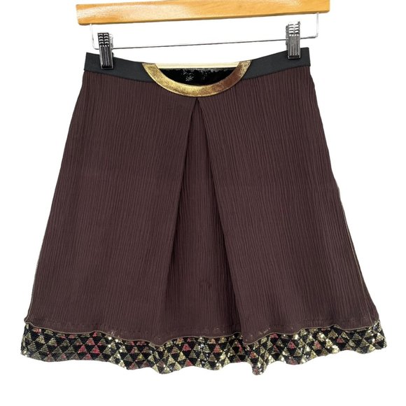 Rozae Nichols Dresses & Skirts - Rozae Nichols Silk Mini Skirt Brown Pleated Gold Accent Pull On Size 2